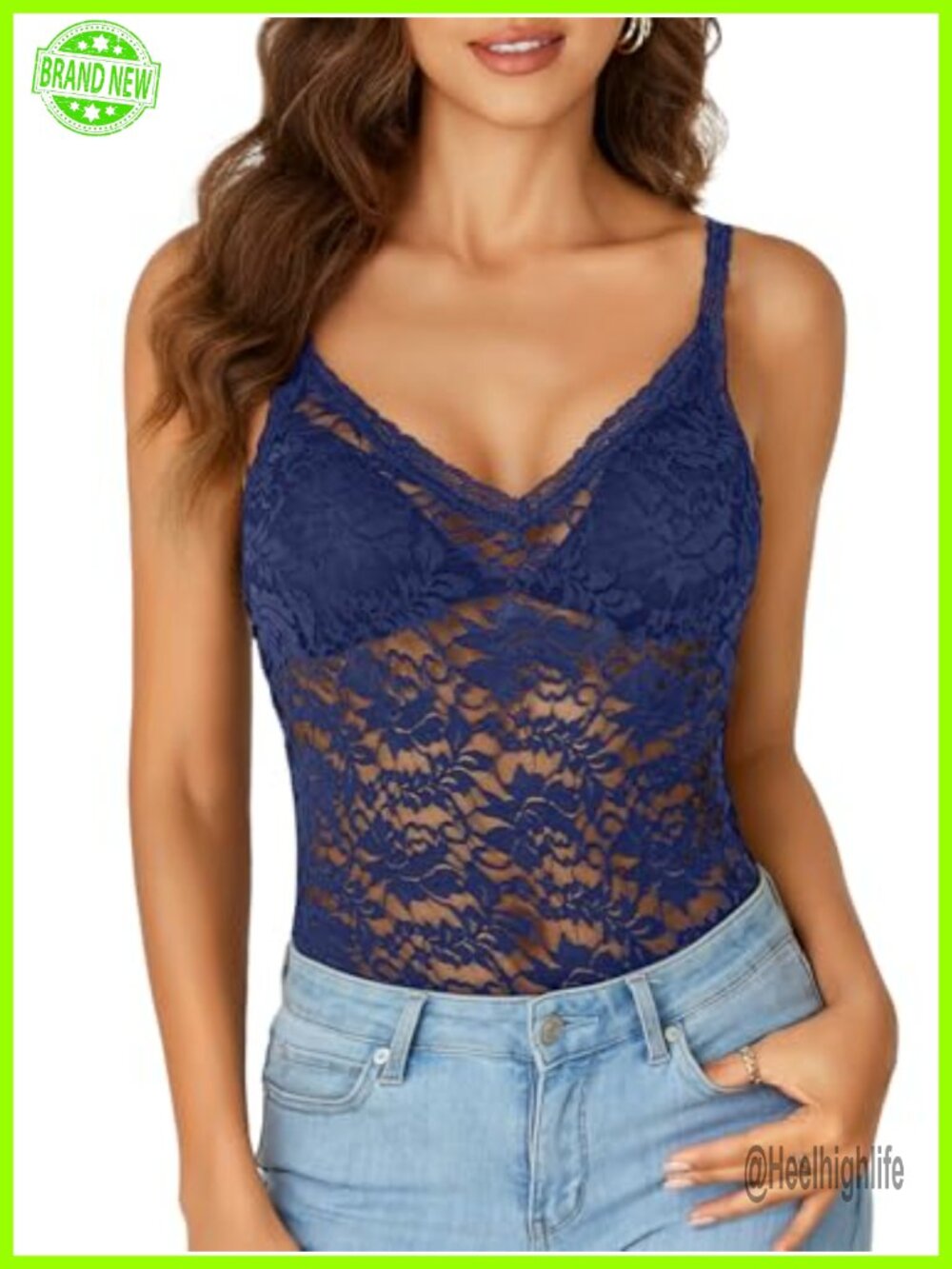 Sheer Lace Spaghetti Strap V-Neck Sleeveless Floral Cami Tank Top